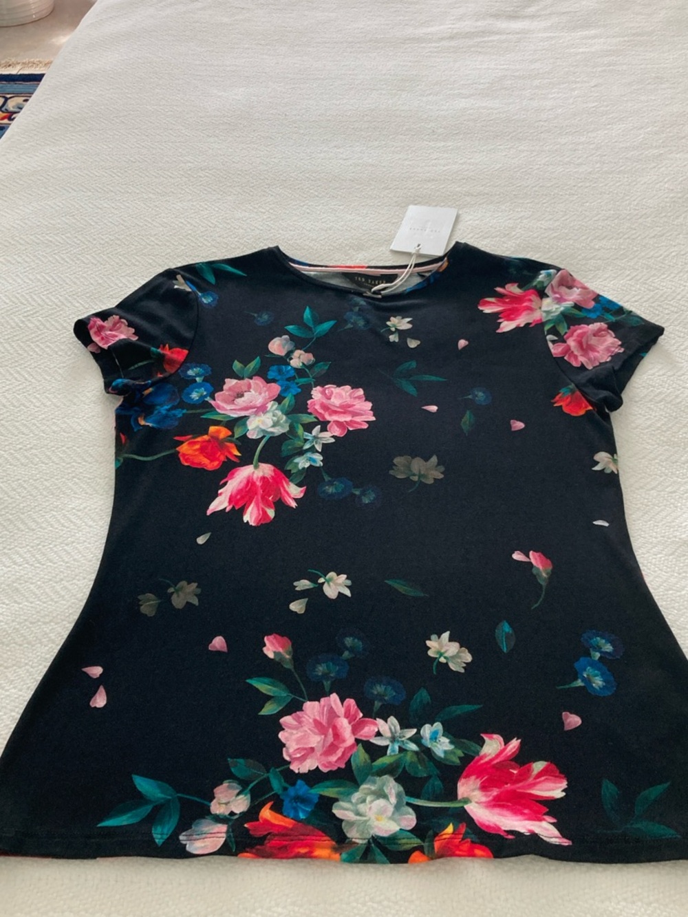 Ted Baker Black Floral Short-Sleeve Tee with Pink & Blue Blooms